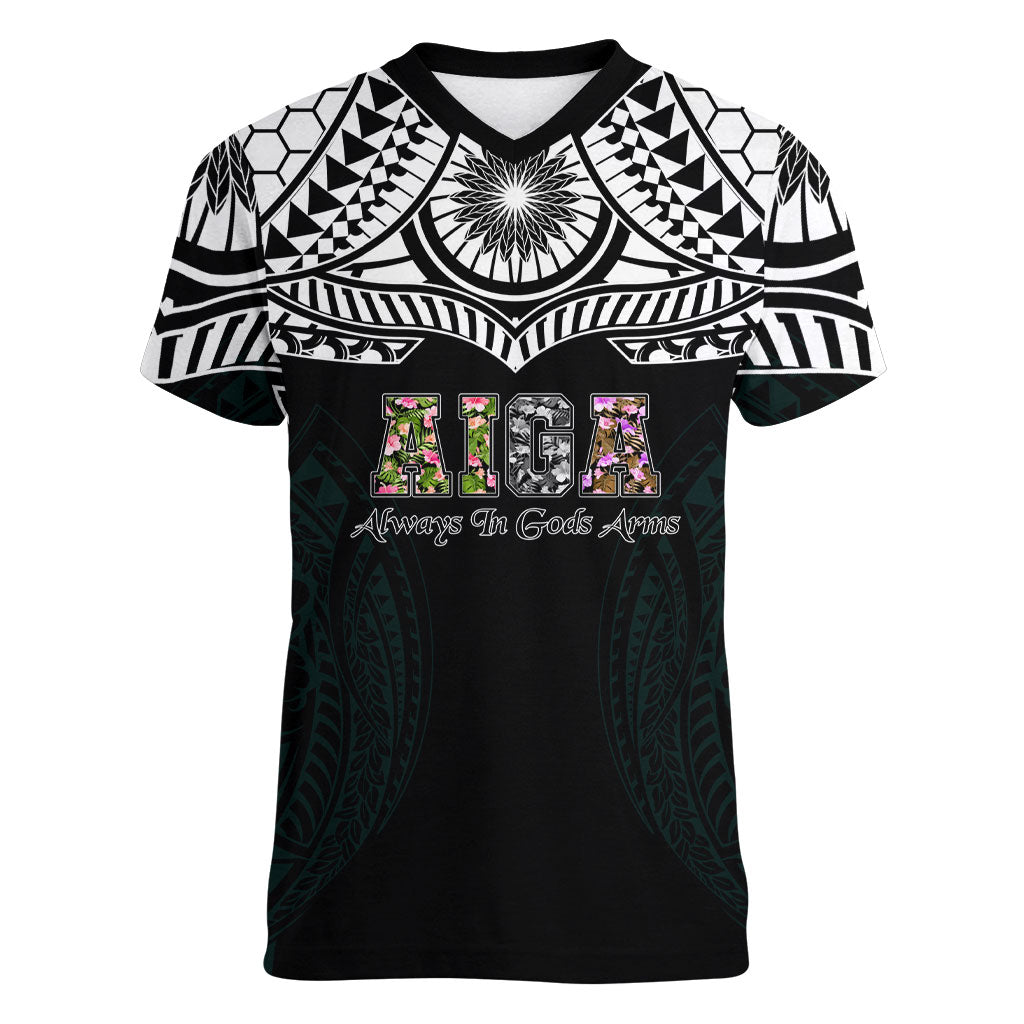 AIGA Always In Gods Arms Samoa Women V-Neck T-Shirt Polynesian Tribal Tattoo Art Family Heritage Faith