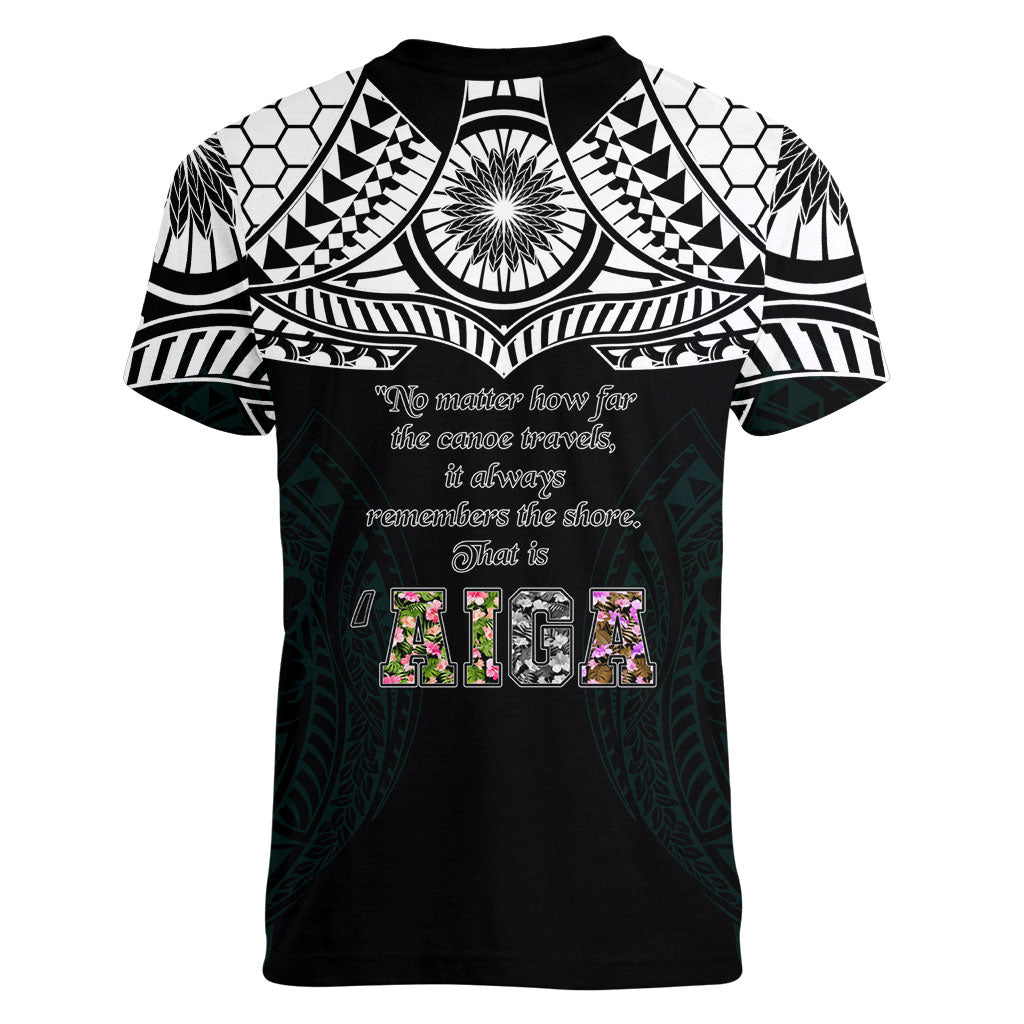 AIGA Always In Gods Arms Samoa Women V-Neck T-Shirt Polynesian Tribal Tattoo Art Family Heritage Faith
