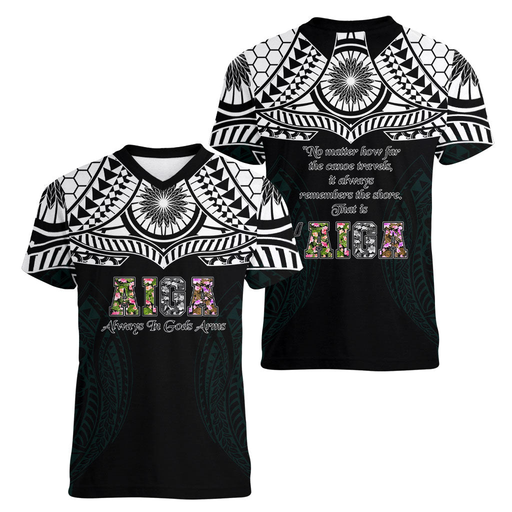 AIGA Always In Gods Arms Samoa Women V-Neck T-Shirt Polynesian Tribal Tattoo Art Family Heritage Faith