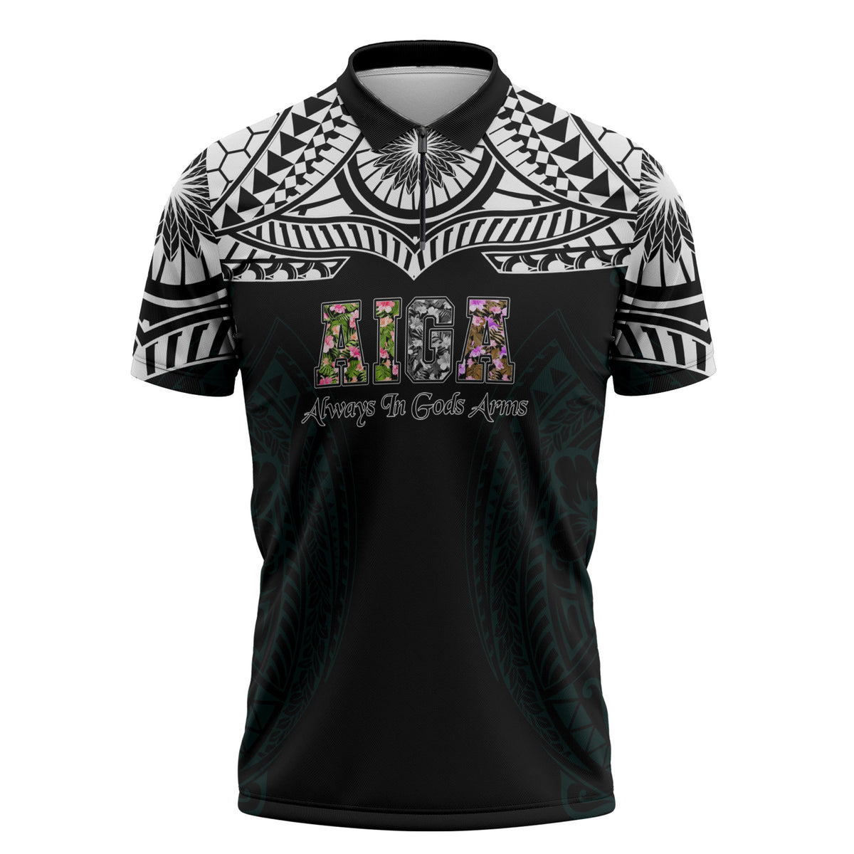 AIGA Always In Gods Arms Samoa Zipper Polo Shirt Polynesian Tribal Tattoo Art Family Heritage Faith