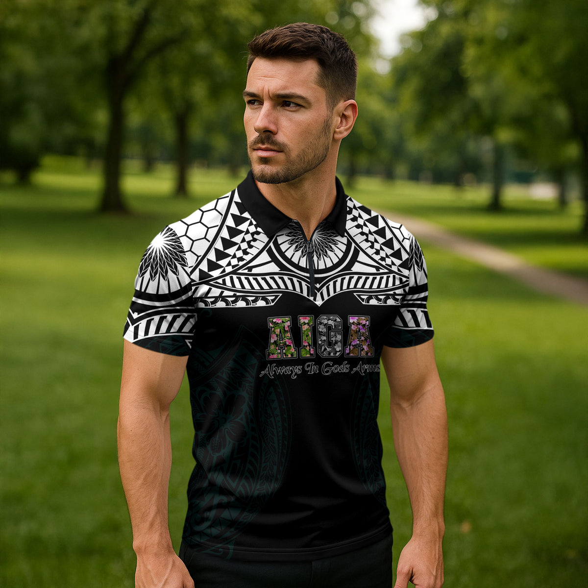 AIGA Always In Gods Arms Samoa Zipper Polo Shirt Polynesian Tribal Tattoo Art Family Heritage Faith