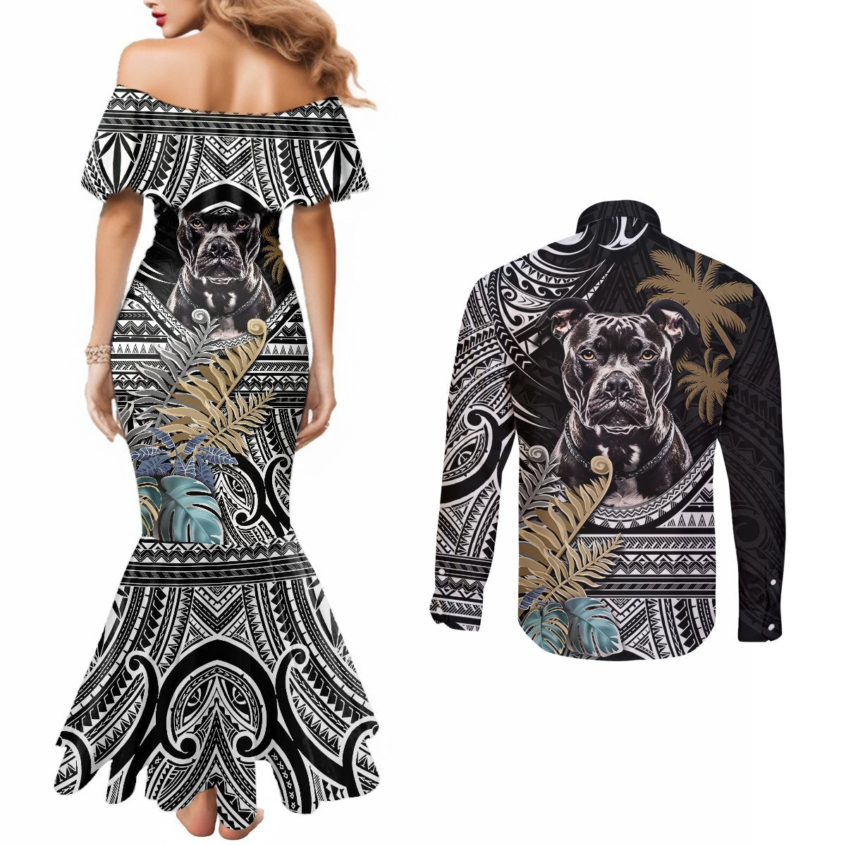 Polynesian Pitbull Couples Matching Mermaid Dress and Long Sleeve Button Shirts Polynesian Pattern And Pitbull TS04 - Polynesian Pride