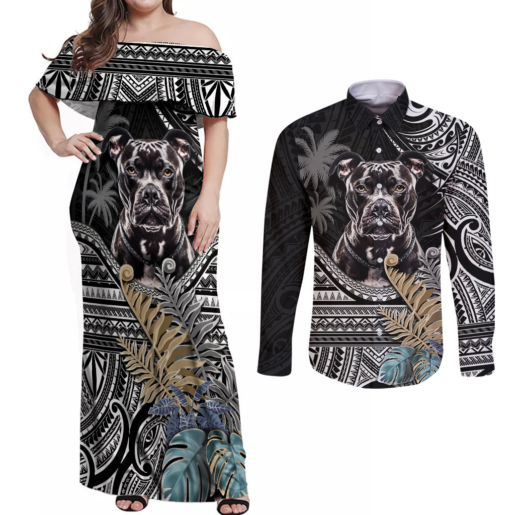 Polynesian Pitbull Couples Matching Off Shoulder Maxi Dress and Long Sleeve Button Shirts Polynesian Pattern And Pitbull TS04 Black - Polynesian Pride