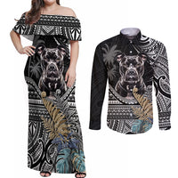 Polynesian Pitbull Couples Matching Off Shoulder Maxi Dress and Long Sleeve Button Shirts Polynesian Pattern And Pitbull TS04 Black - Polynesian Pride