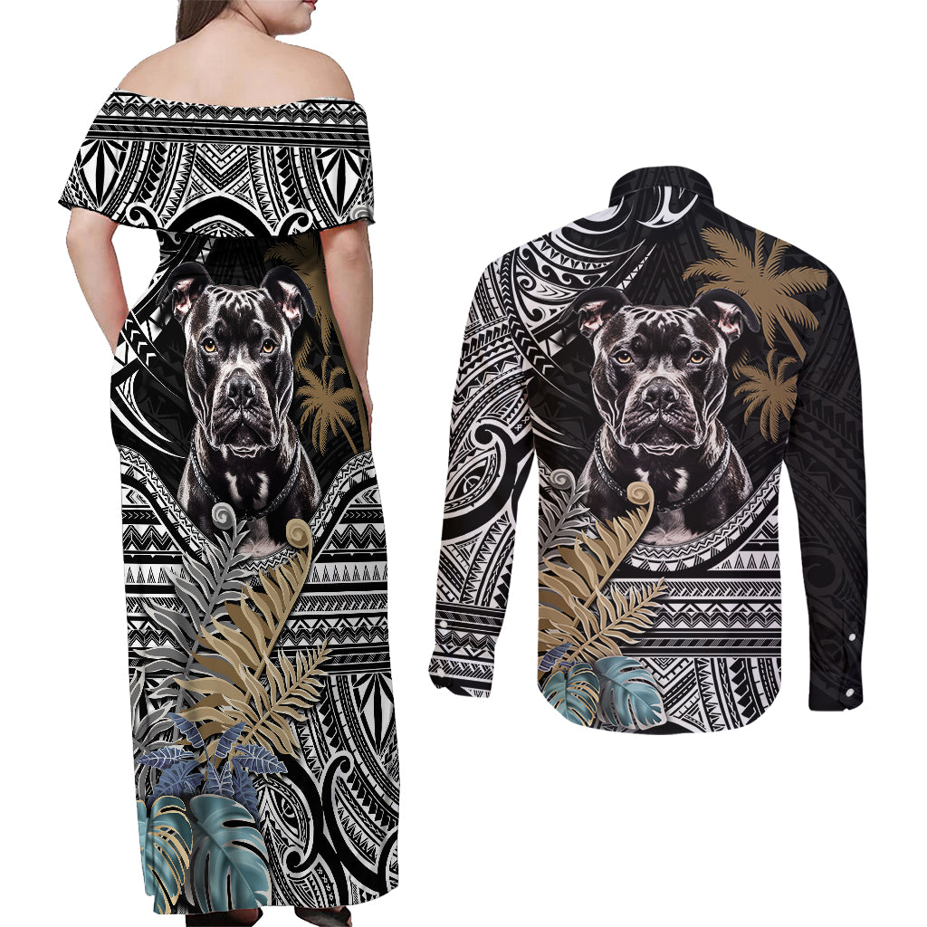 Polynesian Pitbull Couples Matching Off Shoulder Maxi Dress and Long Sleeve Button Shirts Polynesian Pattern And Pitbull TS04 - Polynesian Pride