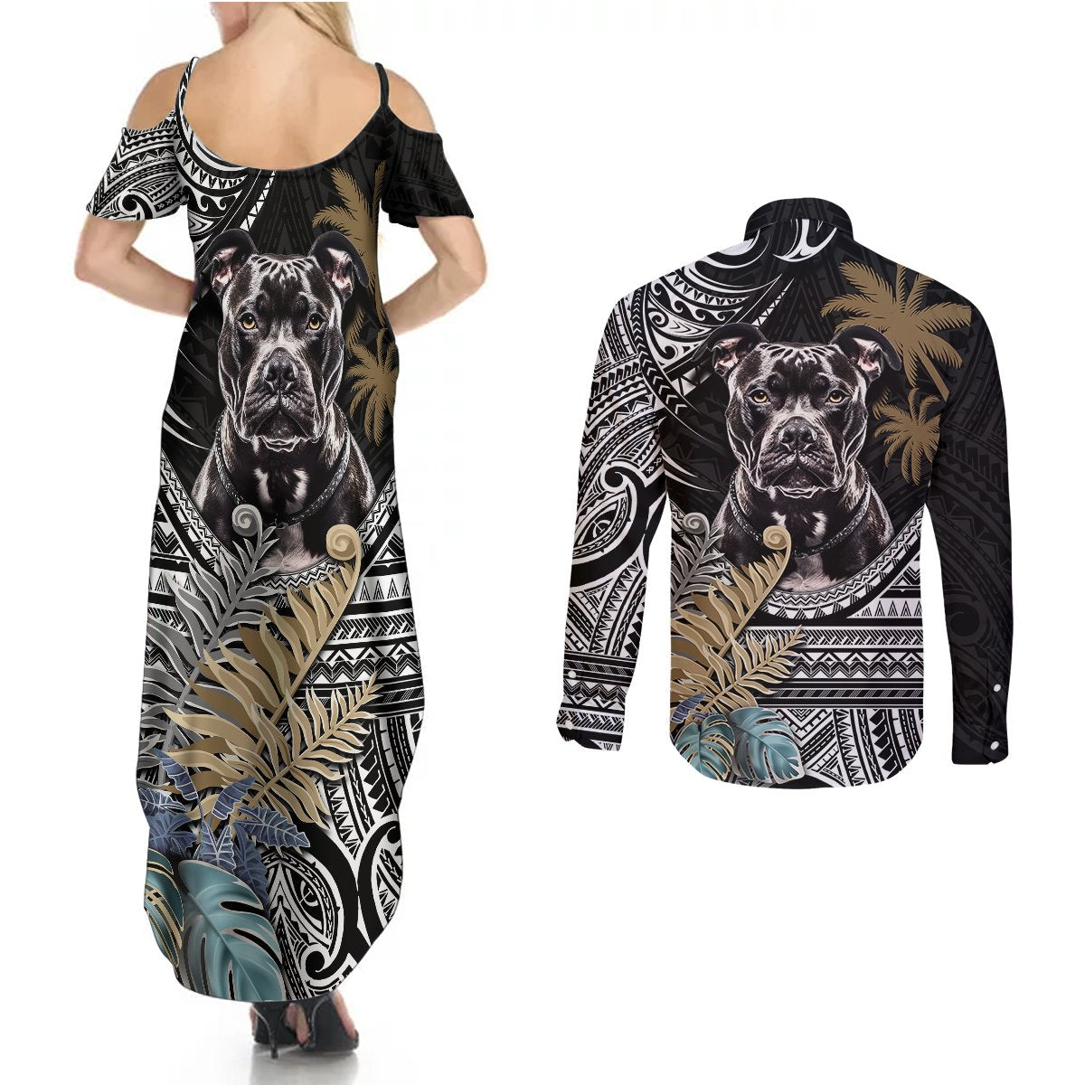 Polynesian Pitbull Couples Matching Summer Maxi Dress and Long Sleeve Button Shirts Polynesian Pattern And Pitbull TS04 - Polynesian Pride