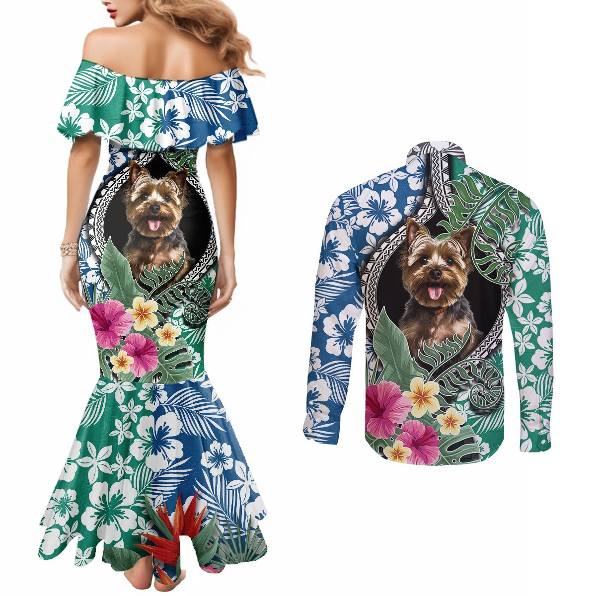 Polynesian Yorkshire Terrier Couples Matching Mermaid Dress and Long Sleeve Button Shirts Polynesian Pattern And Yorkshire Terrier TS04 - Polynesian Pride