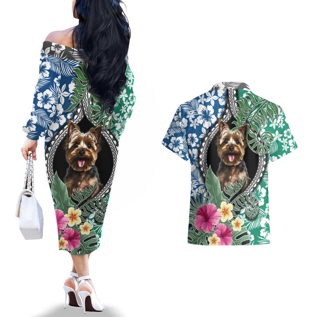 Polynesian Yorkshire Terrier Couples Matching Off The Shoulder Long Sleeve Dress and Hawaiian Shirt Polynesian Pattern And Yorkshire Terrier TS04 - Polynesian Pride