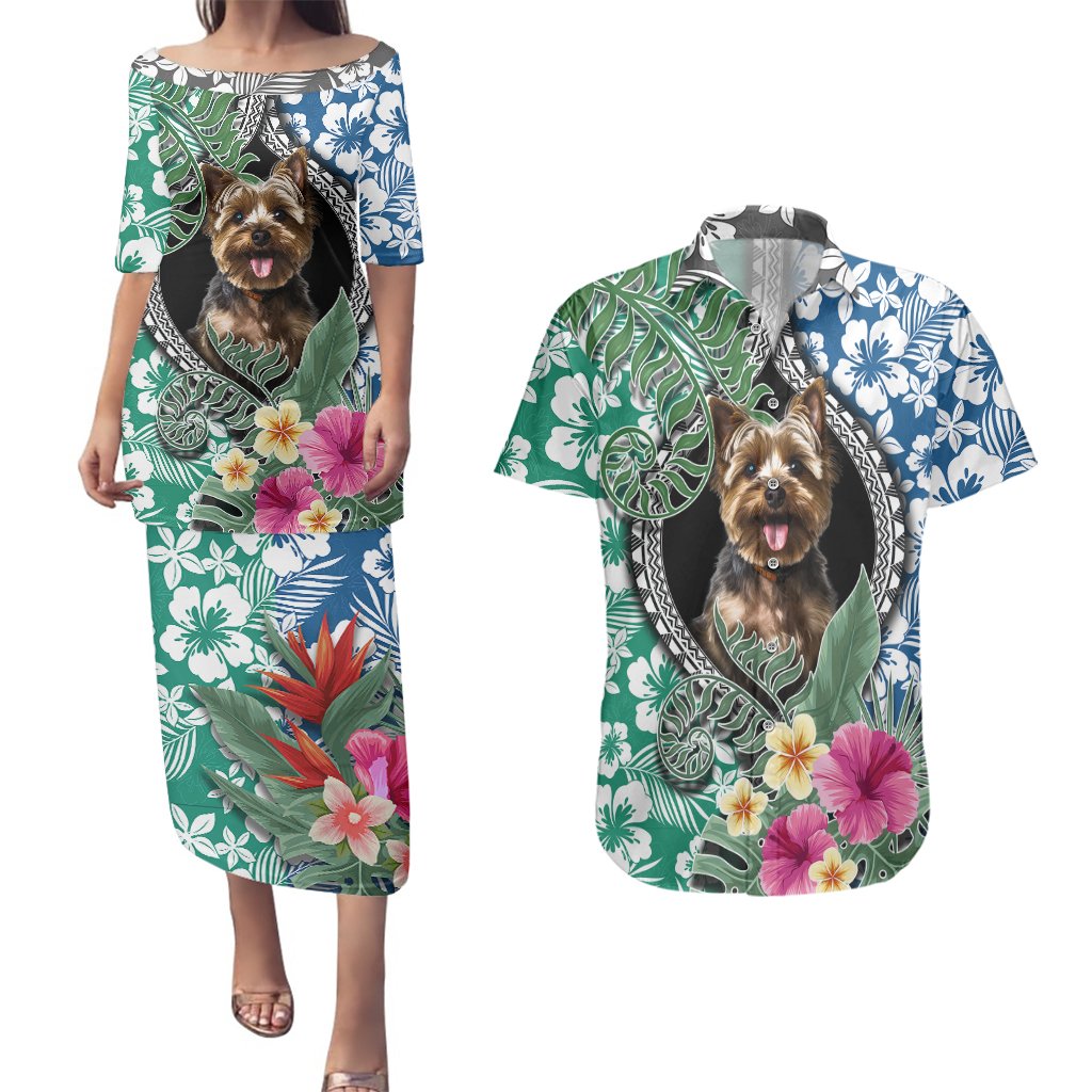 Polynesian Yorkshire Terrier Couples Matching Puletasi Dress and Hawaiian Shirt Polynesian Pattern And Yorkshire Terrier TS04 Multicolor - Polynesian Pride