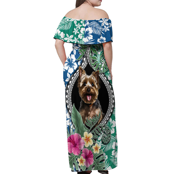 Polynesian Off Shoulder Maxi Dress Dog Lover With Border Collie - Sunset At The Beach Brown Ver LT7 main image 1