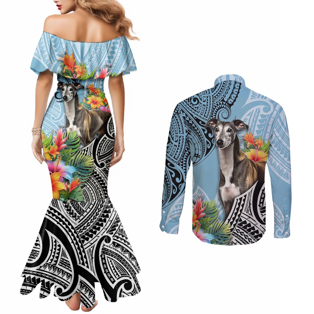 Polynesian Greyhound Couples Matching Mermaid Dress and Long Sleeve Button Shirts Polynesian Pattern And Greyhound TS04 - Polynesian Pride