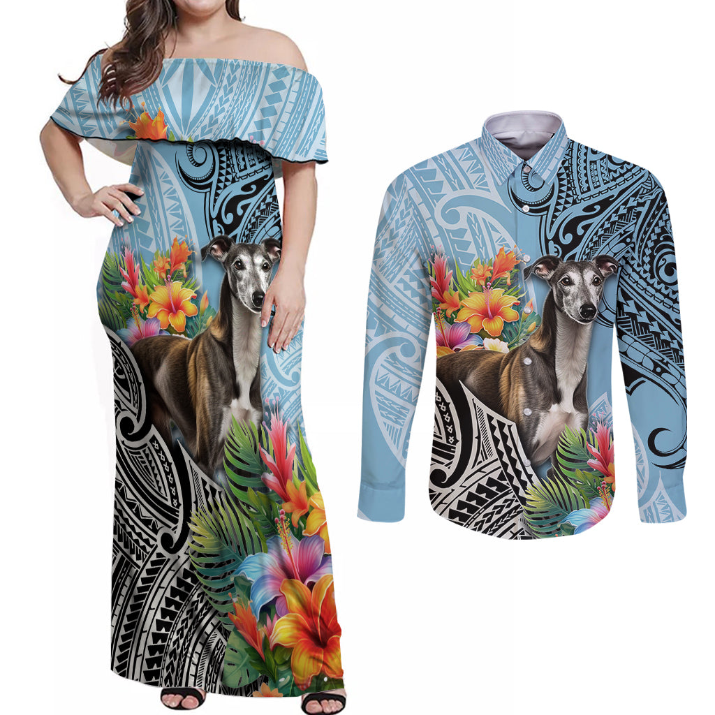Polynesian Greyhound Couples Matching Off Shoulder Maxi Dress and Long Sleeve Button Shirts Polynesian Pattern And Greyhound TS04 Cyan - Polynesian Pride