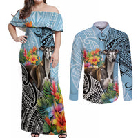 Polynesian Greyhound Couples Matching Off Shoulder Maxi Dress and Long Sleeve Button Shirts Polynesian Pattern And Greyhound TS04 Cyan - Polynesian Pride