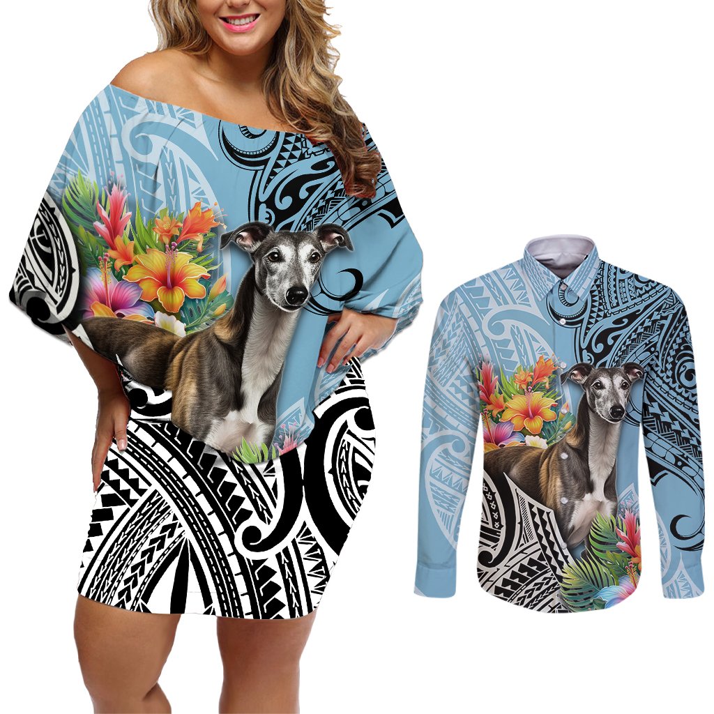 Polynesian Greyhound Couples Matching Off Shoulder Short Dress and Long Sleeve Button Shirts Polynesian Pattern And Greyhound TS04 Cyan - Polynesian Pride