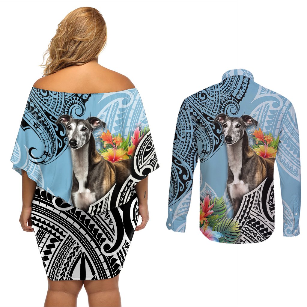 Polynesian Greyhound Couples Matching Off Shoulder Short Dress and Long Sleeve Button Shirts Polynesian Pattern And Greyhound TS04 - Polynesian Pride