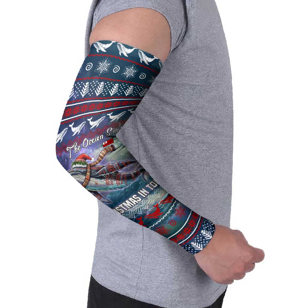 Tonga Christmas Arm Sleeves with Singing Whale Ocean Scene National Coat of Arms - Polynesian Pride