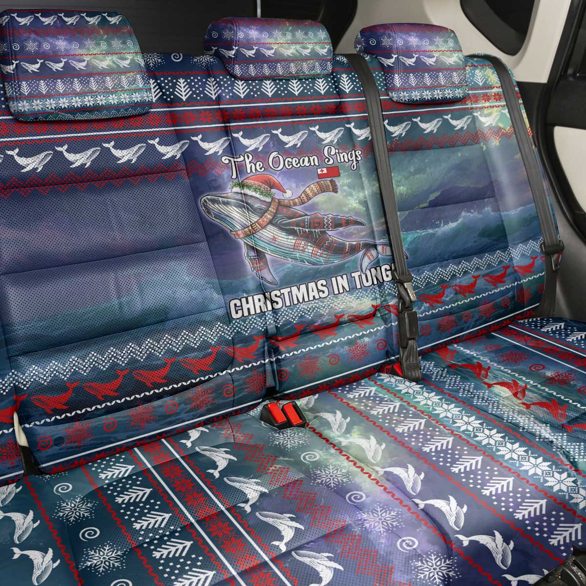 Tonga Christmas Back Car Seat Cover with Singing Whale Ocean Scene National Coat of Arms - Polynesian Pride