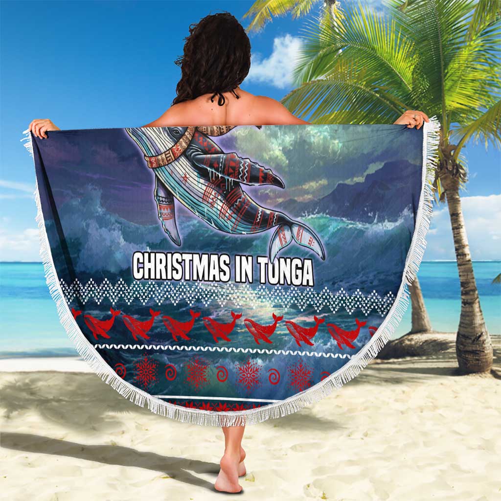 Tonga Christmas Beach Blanket with Singing Whale Ocean Scene National Coat of Arms - Polynesian Pride