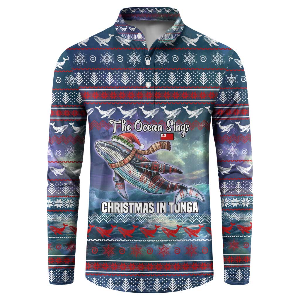 Tonga Christmas Button Sweatshirt with Singing Whale Ocean Scene National Coat of Arms - Polynesian Pride