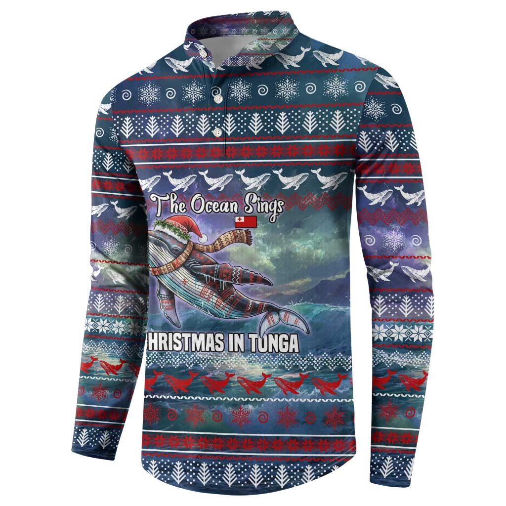 Tonga Christmas Button Sweatshirt with Singing Whale Ocean Scene National Coat of Arms - Polynesian Pride