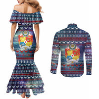 Tonga Christmas Couples Matching Mermaid Dress and Long Sleeve Button Shirt with Singing Whale Ocean Scene National Coat of Arms - Polynesian Pride