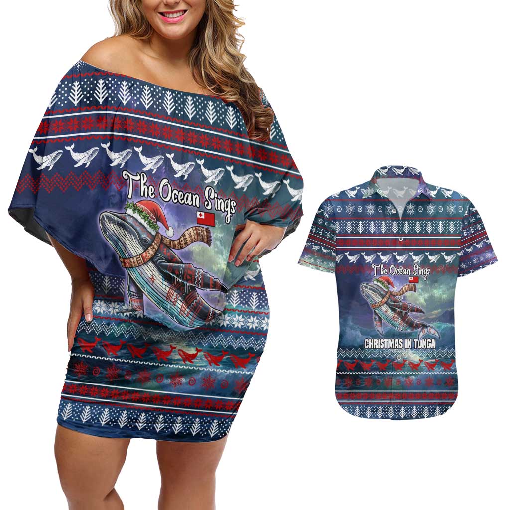 Tonga Christmas Couples Matching Off Shoulder Short Dress and Hawaiian Shirt with Singing Whale Ocean Scene National Coat of Arms - Polynesian Pride