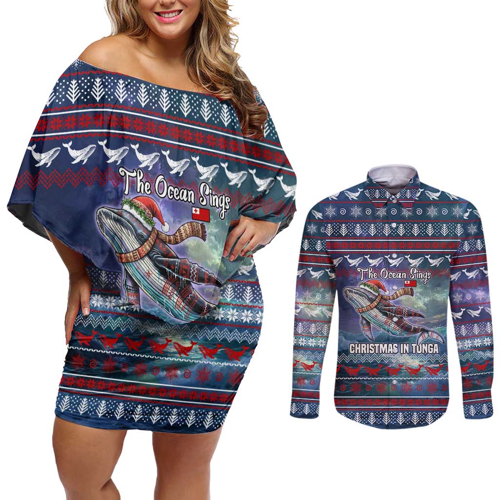 Tonga Christmas Couples Matching Off Shoulder Short Dress and Long Sleeve Button Shirt with Singing Whale Ocean Scene National Coat of Arms - Polynesian Pride