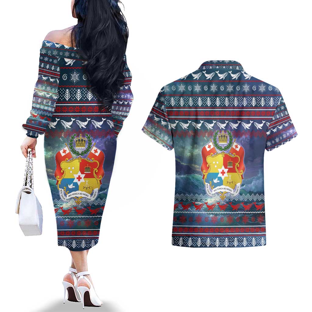 Tonga Christmas Couples Matching Off The Shoulder Long Sleeve Dress and Hawaiian Shirt with Singing Whale Ocean Scene National Coat of Arms - Polynesian Pride