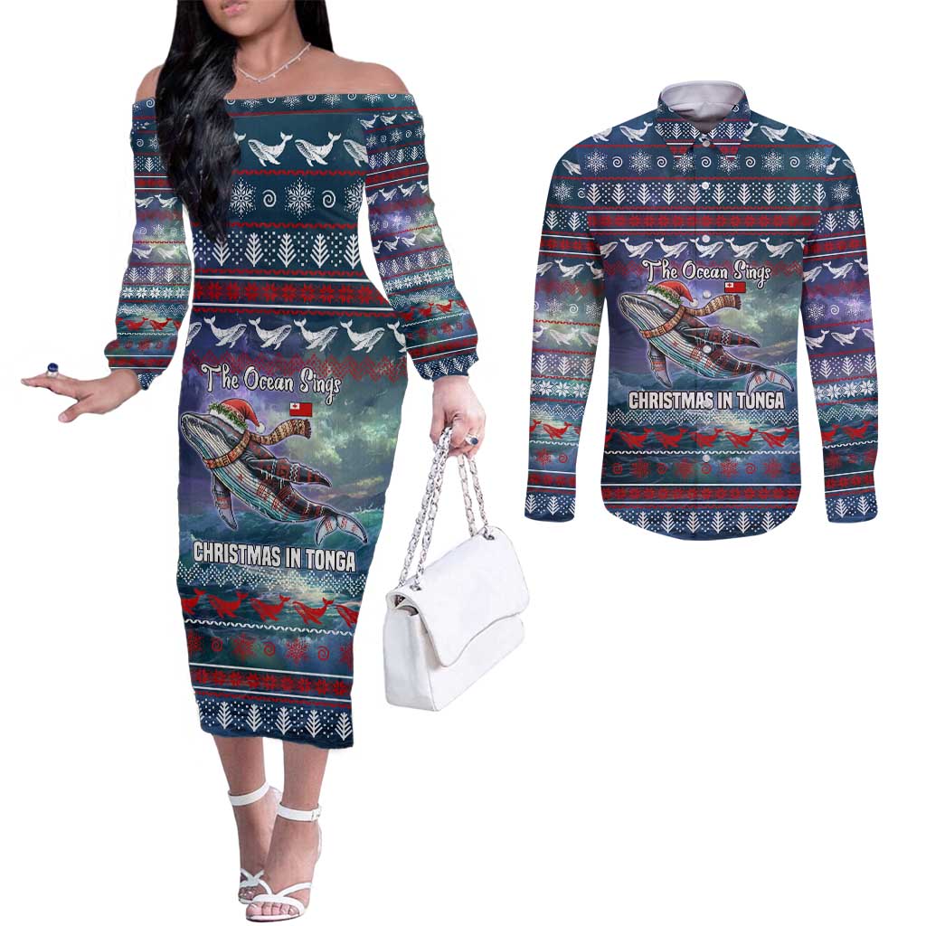 Tonga Christmas Couples Matching Off The Shoulder Long Sleeve Dress and Long Sleeve Button Shirt with Singing Whale Ocean Scene National Coat of Arms - Polynesian Pride