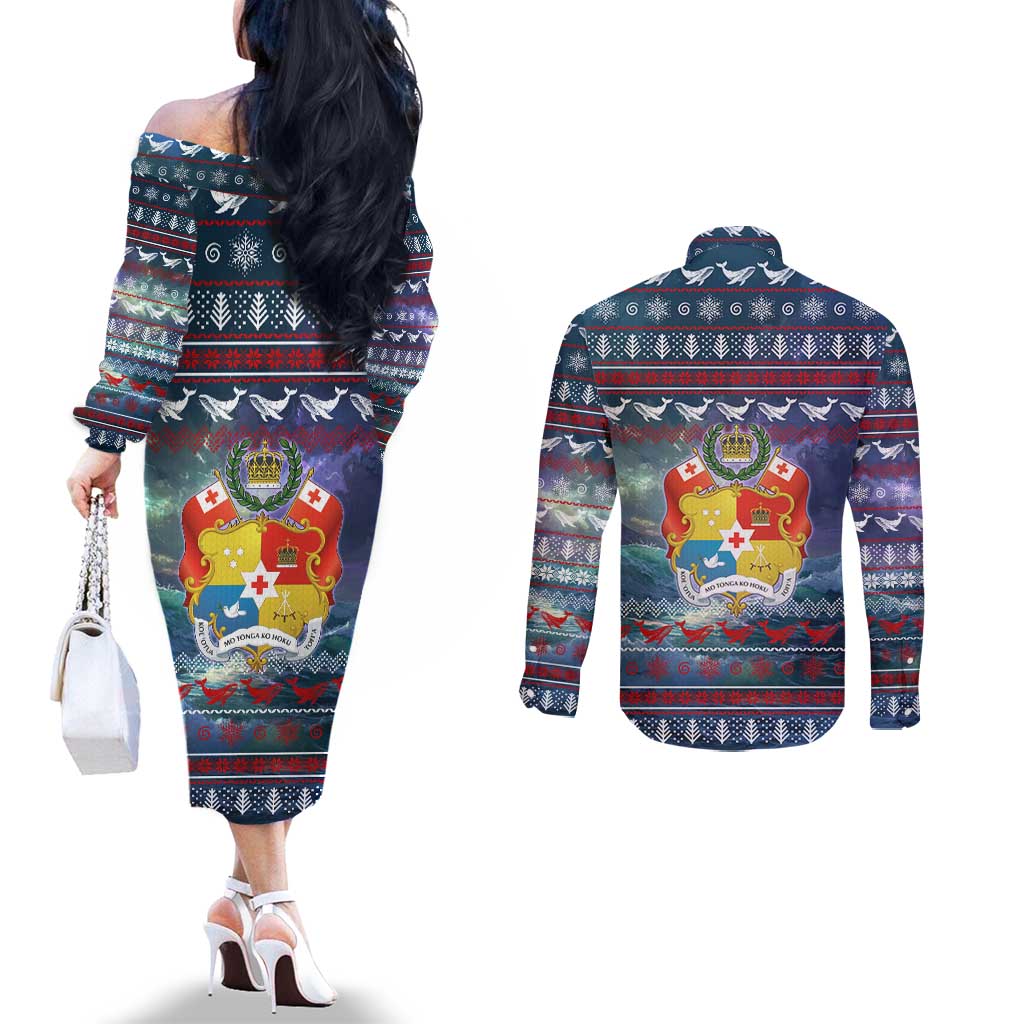 Tonga Christmas Couples Matching Off The Shoulder Long Sleeve Dress and Long Sleeve Button Shirt with Singing Whale Ocean Scene National Coat of Arms - Polynesian Pride