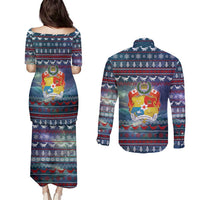 Tonga Christmas Couples Matching Puletasi and Long Sleeve Button Shirt with Singing Whale Ocean Scene National Coat of Arms - Polynesian Pride