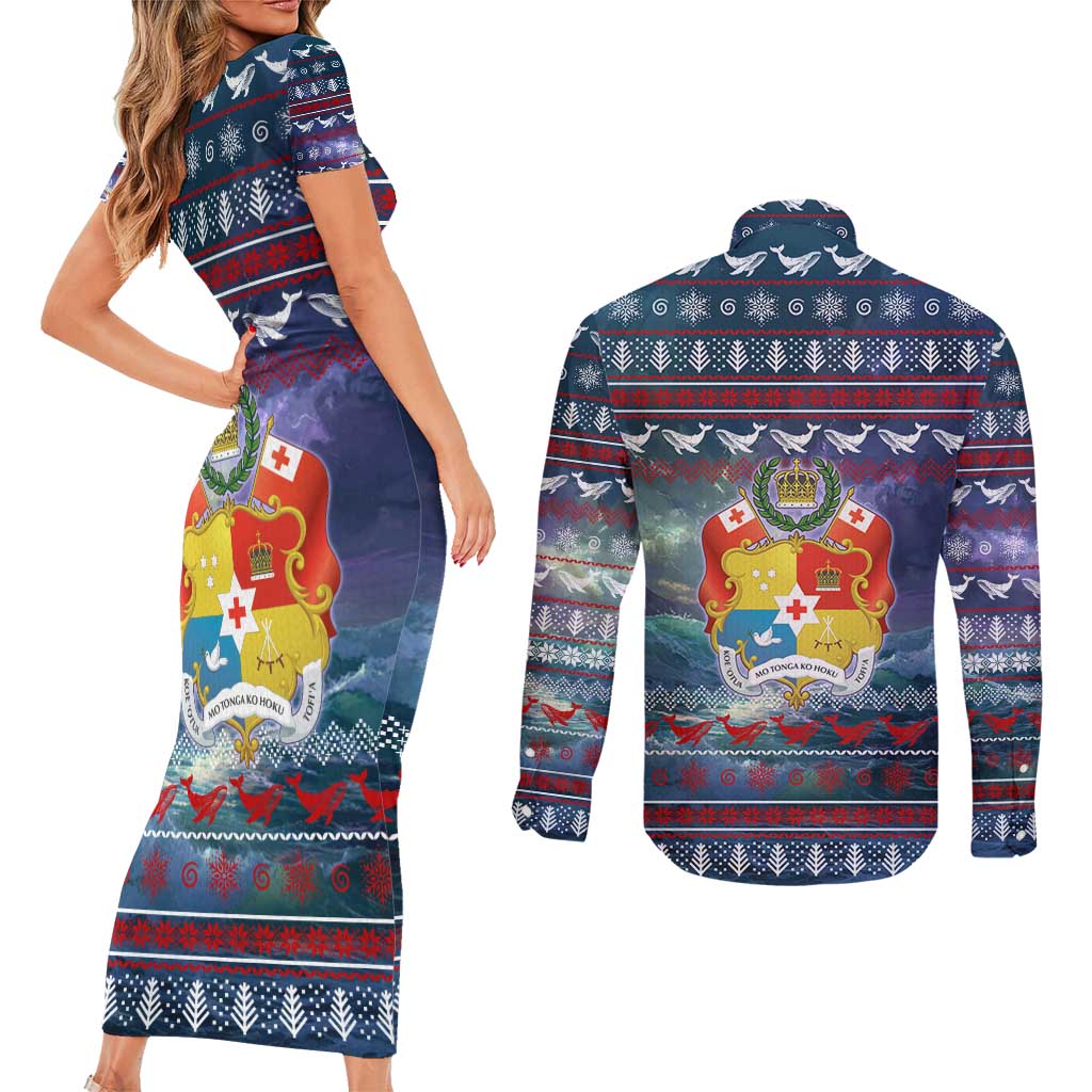 Tonga Christmas Couples Matching Short Sleeve Bodycon Dress and Long Sleeve Button Shirt with Singing Whale Ocean Scene National Coat of Arms - Polynesian Pride