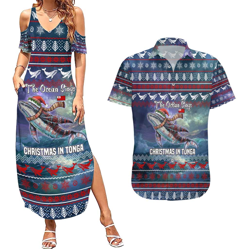 Tonga Christmas Couples Matching Summer Maxi Dress and Hawaiian Shirt with Singing Whale Ocean Scene National Coat of Arms - Polynesian Pride