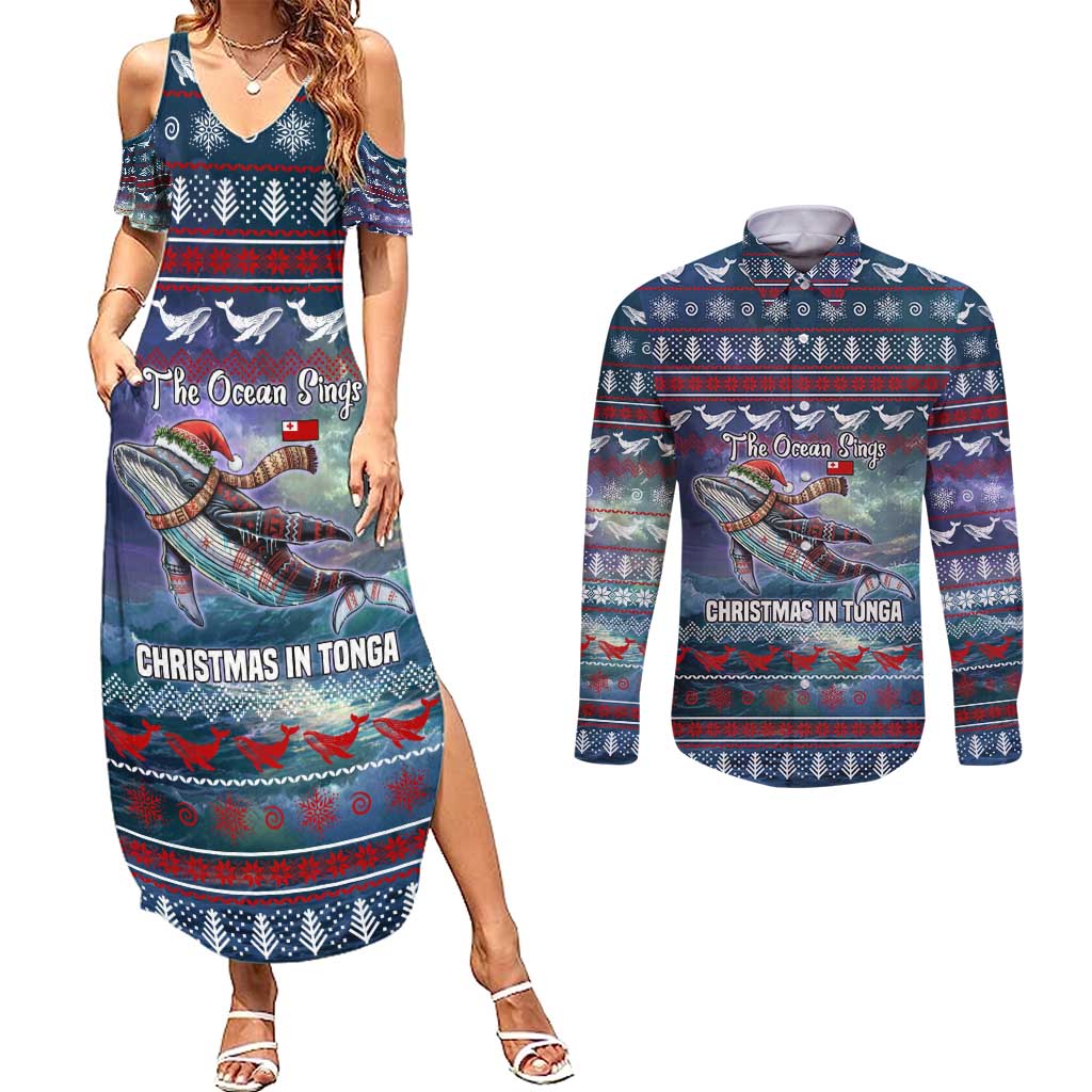 Tonga Christmas Couples Matching Summer Maxi Dress and Long Sleeve Button Shirt with Singing Whale Ocean Scene National Coat of Arms - Polynesian Pride