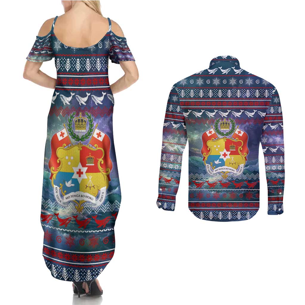 Tonga Christmas Couples Matching Summer Maxi Dress and Long Sleeve Button Shirt with Singing Whale Ocean Scene National Coat of Arms - Polynesian Pride