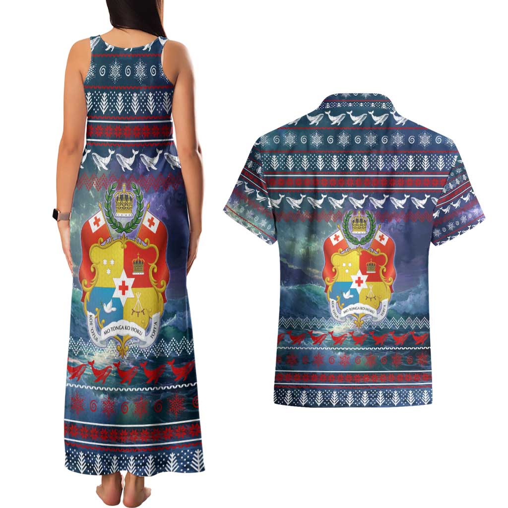 Tonga Christmas Couples Matching Tank Maxi Dress and Hawaiian Shirt with Singing Whale Ocean Scene National Coat of Arms - Polynesian Pride