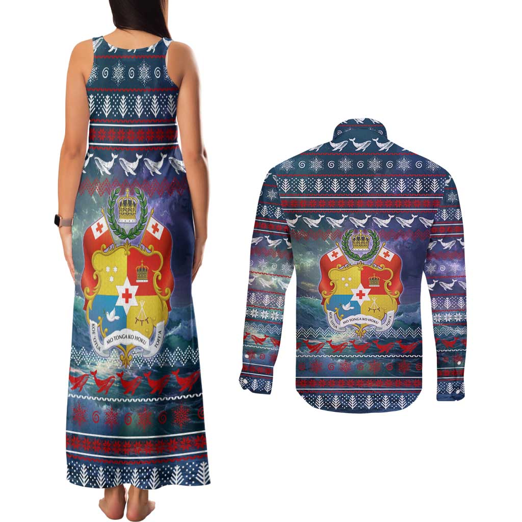Tonga Christmas Couples Matching Tank Maxi Dress and Long Sleeve Button Shirt with Singing Whale Ocean Scene National Coat of Arms - Polynesian Pride