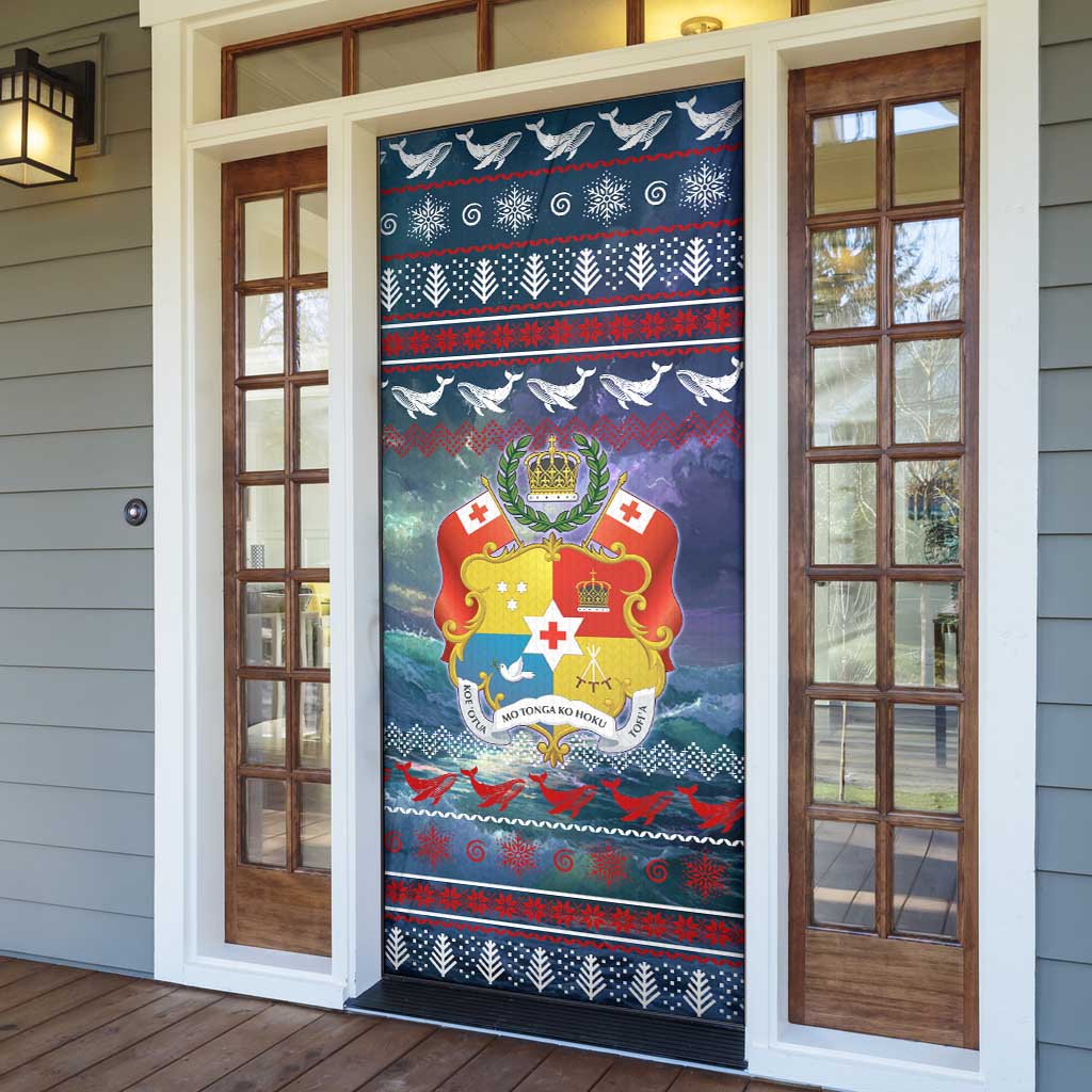Tonga Christmas Door Cover with Singing Whale Ocean Scene National Coat of Arms - Polynesian Pride