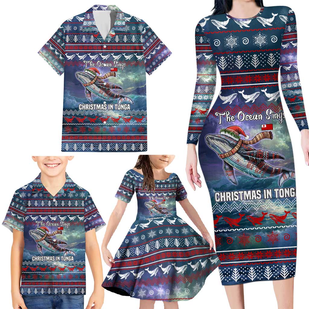Tonga Christmas Family Matching Long Sleeve Bodycon Dress and Hawaiian Shirt with Singing Whale Ocean Scene National Coat of Arms - Polynesian Pride