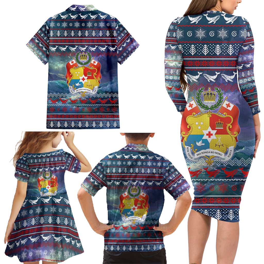 Tonga Christmas Family Matching Long Sleeve Bodycon Dress and Hawaiian Shirt with Singing Whale Ocean Scene National Coat of Arms - Polynesian Pride