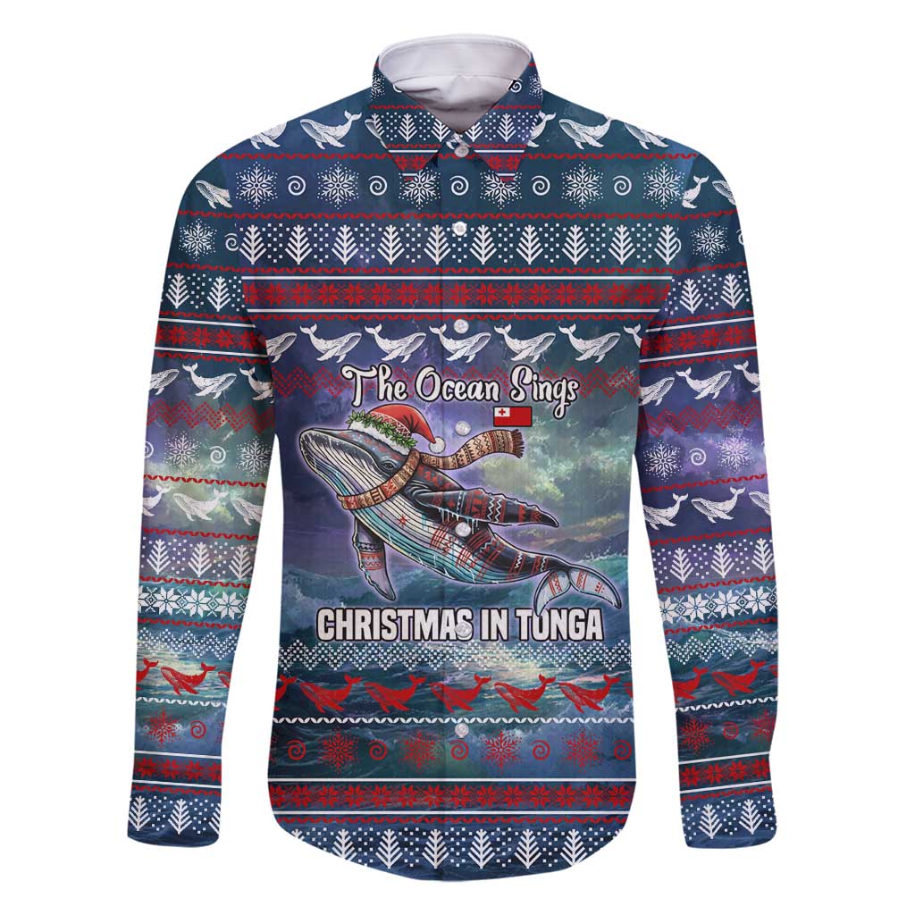 Tonga Christmas Family Matching Long Sleeve Bodycon Dress and Hawaiian Shirt with Singing Whale Ocean Scene National Coat of Arms - Polynesian Pride