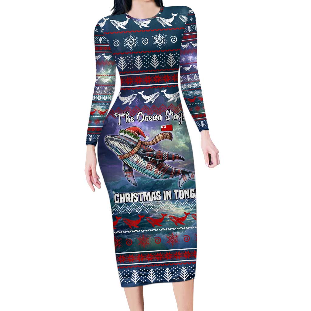 Tonga Christmas Family Matching Long Sleeve Bodycon Dress and Hawaiian Shirt with Singing Whale Ocean Scene National Coat of Arms - Polynesian Pride