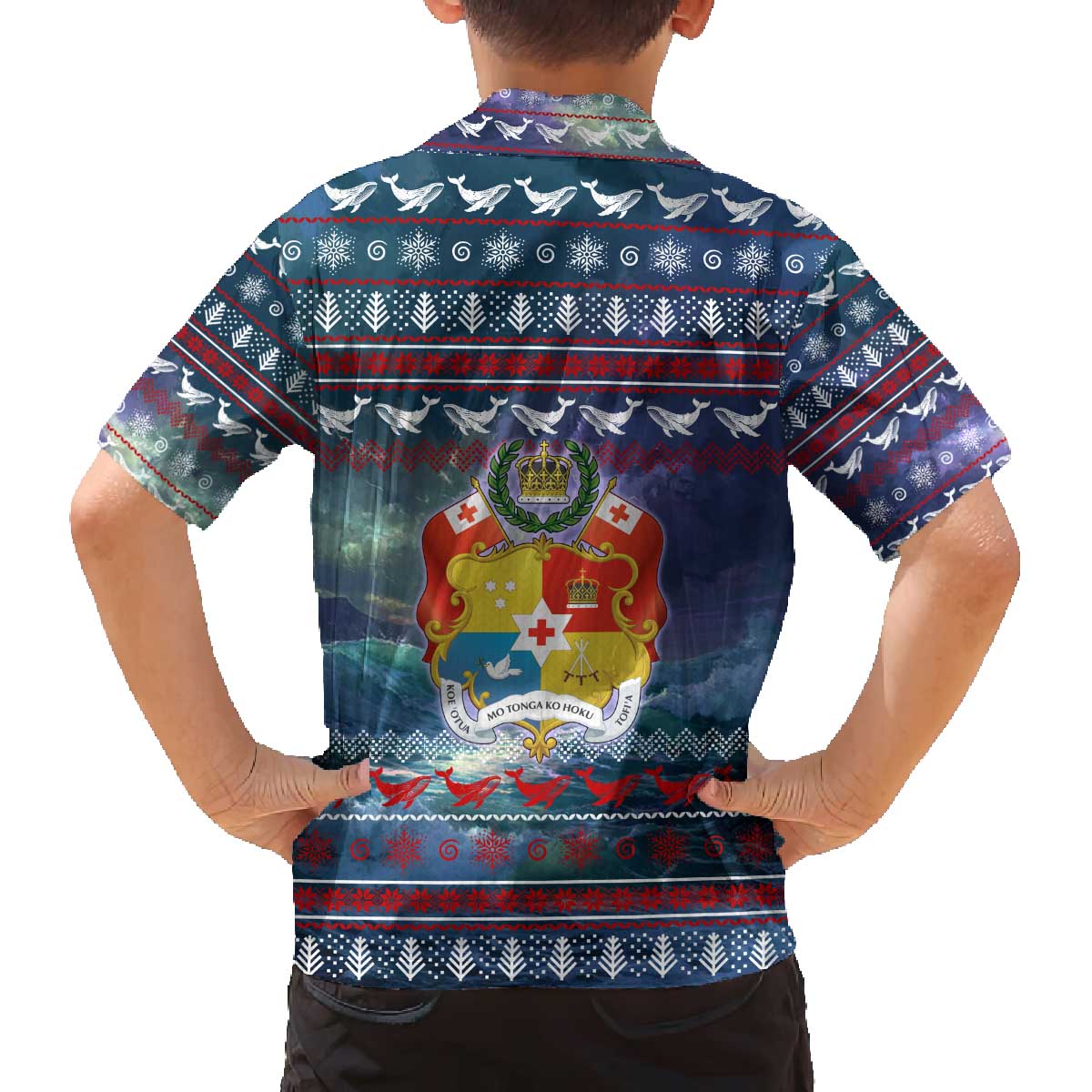 Tonga Christmas Family Matching Off The Shoulder Long Sleeve Dress and Hawaiian Shirt with Singing Whale Ocean Scene National Coat of Arms - Polynesian Pride