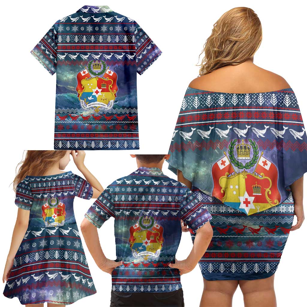 Tonga Christmas Family Matching Off Shoulder Short Dress and Hawaiian Shirt with Singing Whale Ocean Scene National Coat of Arms - Polynesian Pride
