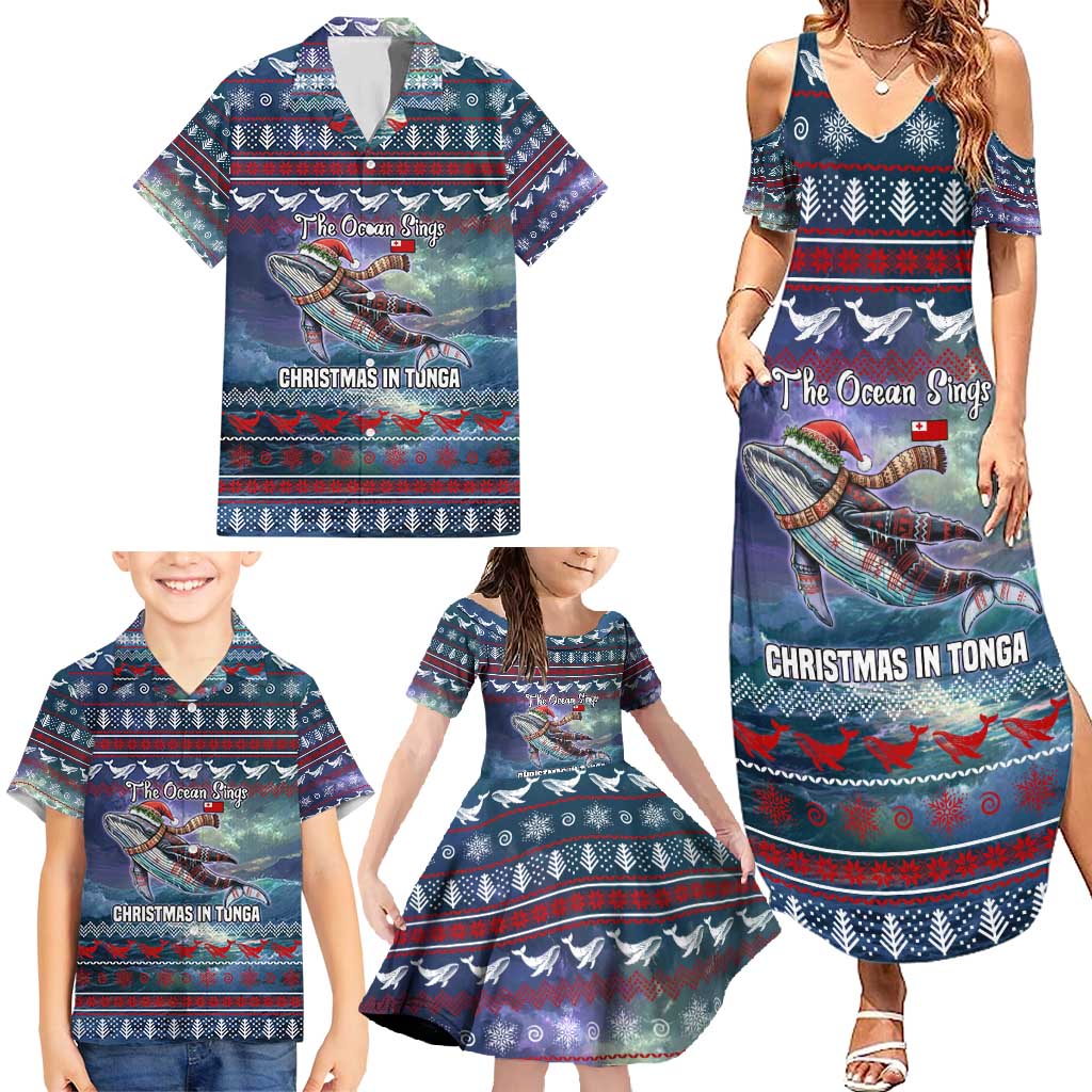 Tonga Christmas Family Matching Summer Maxi Dress and Hawaiian Shirt with Singing Whale Ocean Scene National Coat of Arms - Polynesian Pride