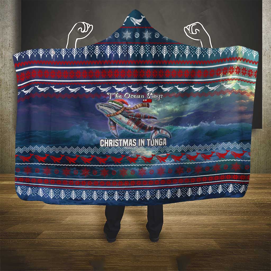 Tonga Christmas Hooded Blanket with Singing Whale Ocean Scene National Coat of Arms - Polynesian Pride