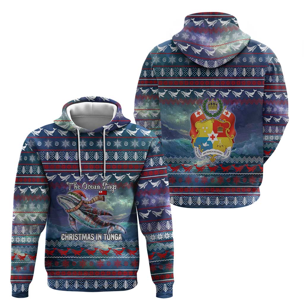 Tonga Christmas Hoodie with Singing Whale Ocean Scene National Coat of Arms - Polynesian Pride