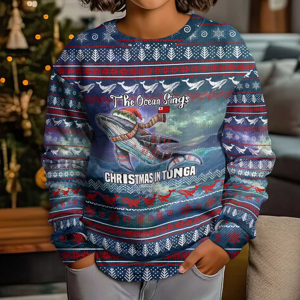 Tonga Christmas Kid Ugly Christmas Sweater with Singing Whale Ocean Scene National Coat of Arms - Polynesian Pride