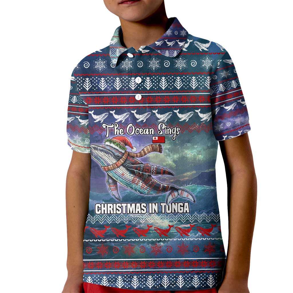 Tonga Christmas Kid Polo Shirt with Singing Whale Ocean Scene National Coat of Arms - Polynesian Pride
