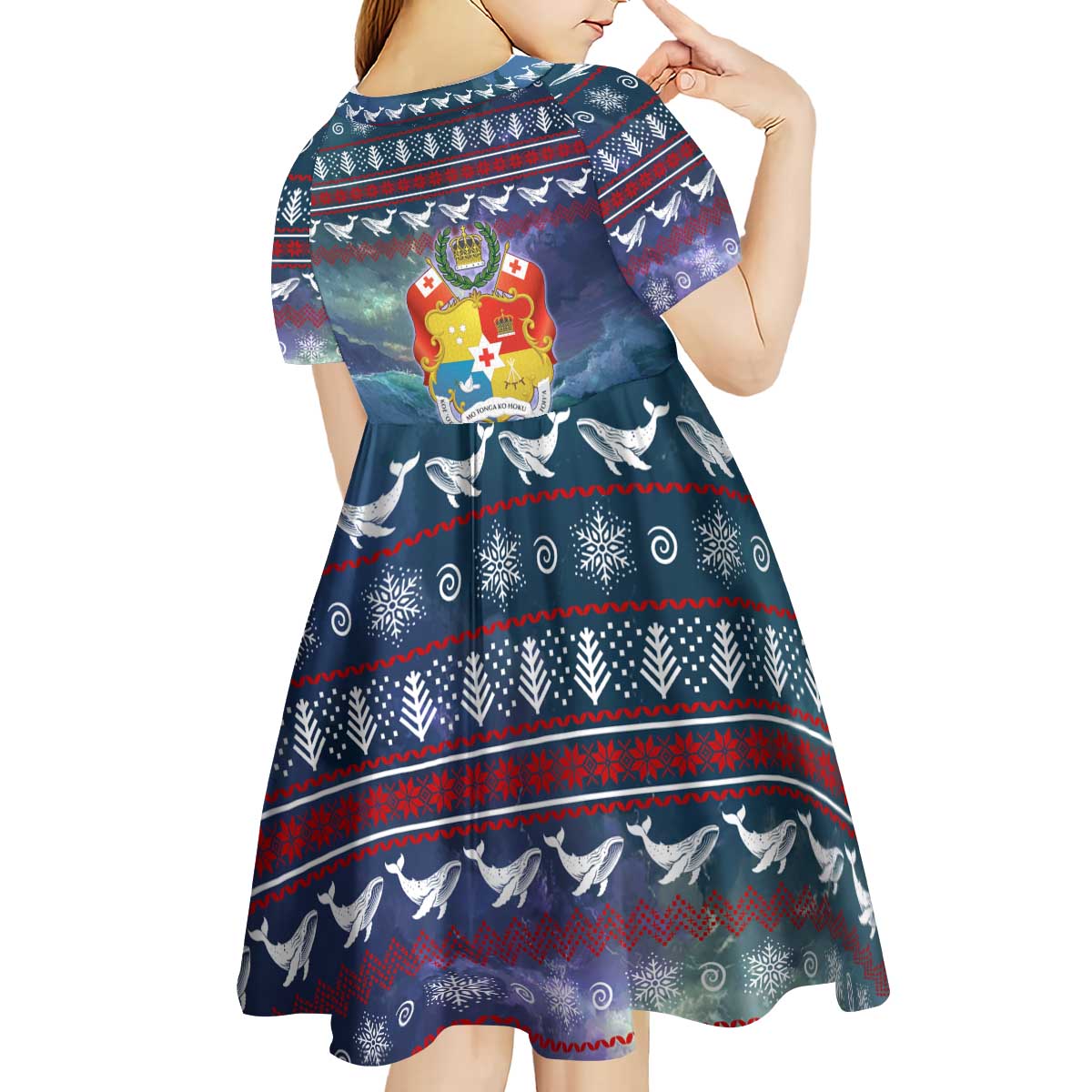 Tonga Christmas Kid Short Sleeve Dress with Singing Whale Ocean Scene National Coat of Arms - Polynesian Pride